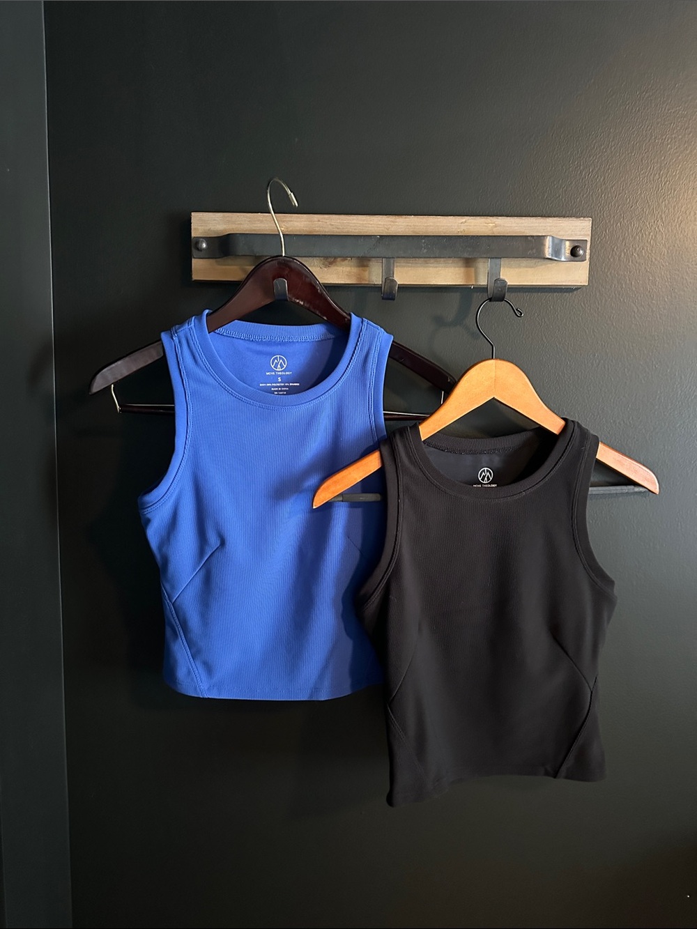 Set of Two Move Theology Cropped Ribbed Workout Tanks Black and Blue